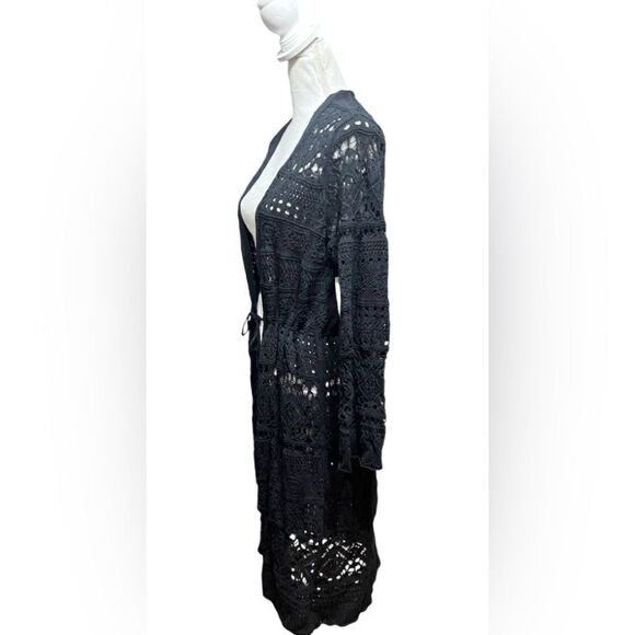 Anthropologie Pointelle Knit Black Long Tie Waist Sweater Cardigan Size L NWT - Picture 3 of 6